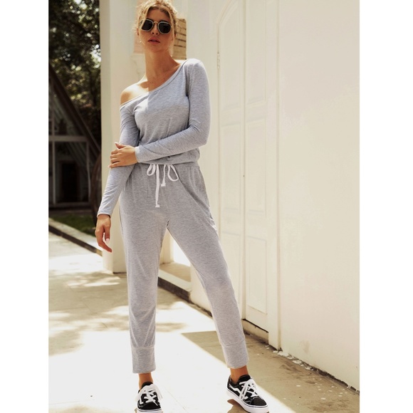 Off Shoulder Contrast Drawstring Grey Jumpsuit - Picture 6 of 12